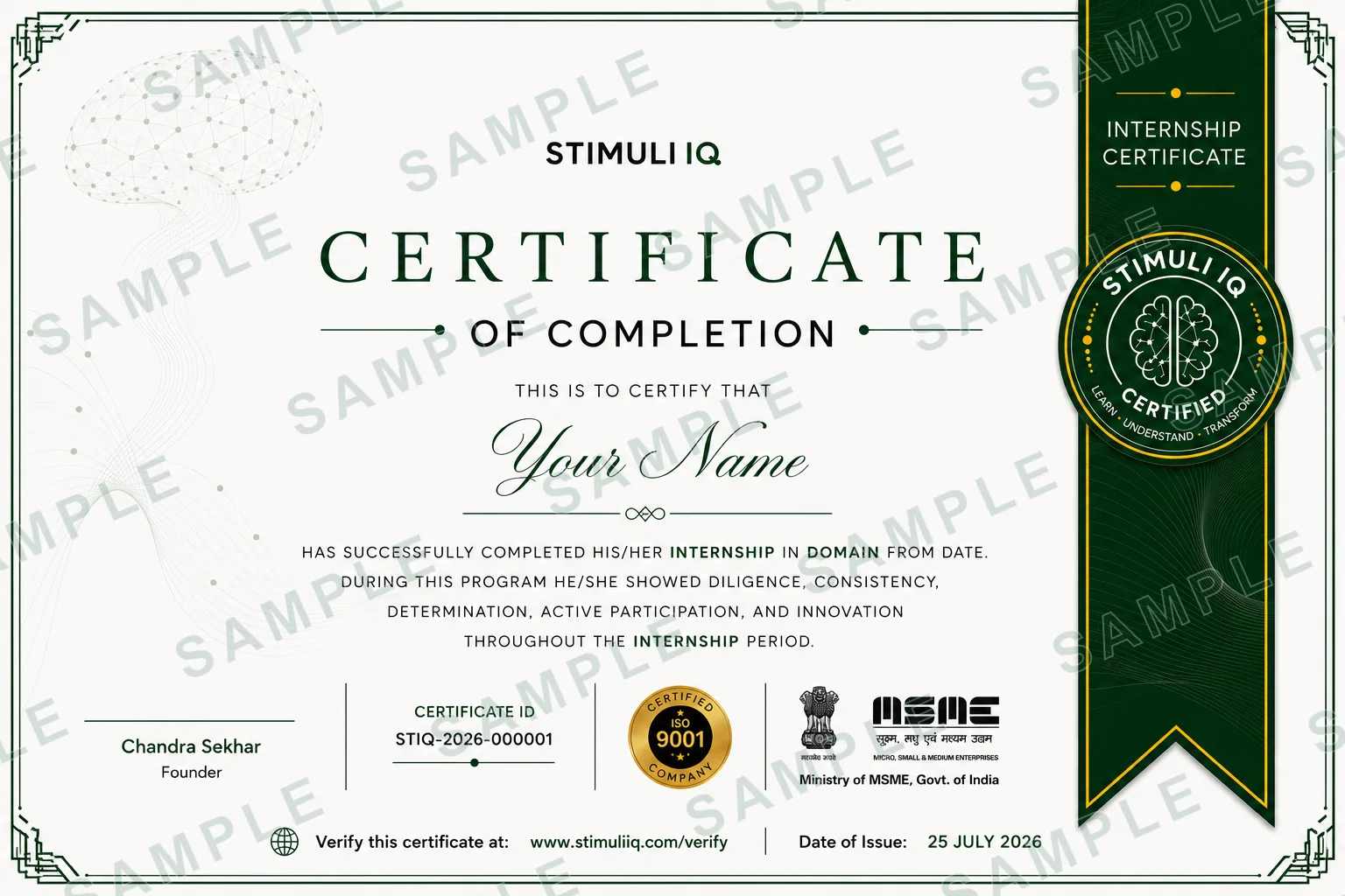 Specimen Stimuli IQ internship certificate of completion, watermarked SAMPLE, showing where the holder name, programme, Certificate ID and date of issue appear.
