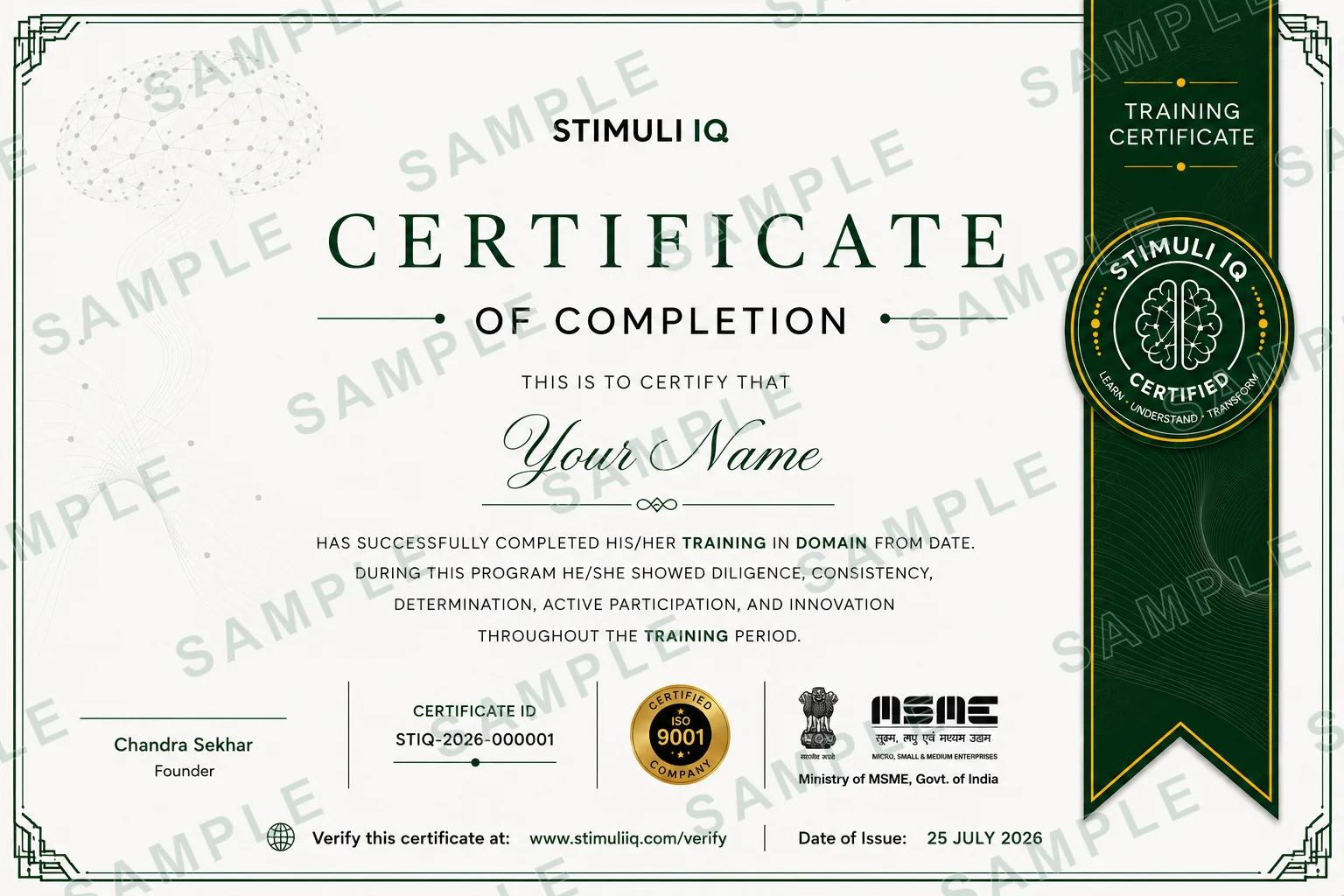 Specimen Stimuli IQ training certificate of completion, watermarked SAMPLE, showing where the holder name, programme, Certificate ID and date of issue appear.